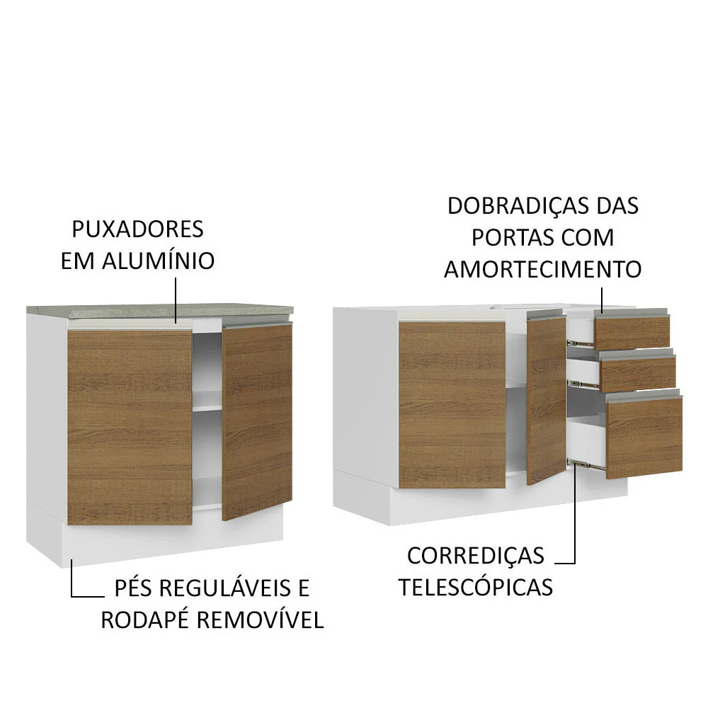 Kit com 2 Balcões de Cozinha Madesa Glamy 4 Portas 3 Gavetas (Sem Tampo e Pia) Branco/Rustic Branco/Rustic - Image 4