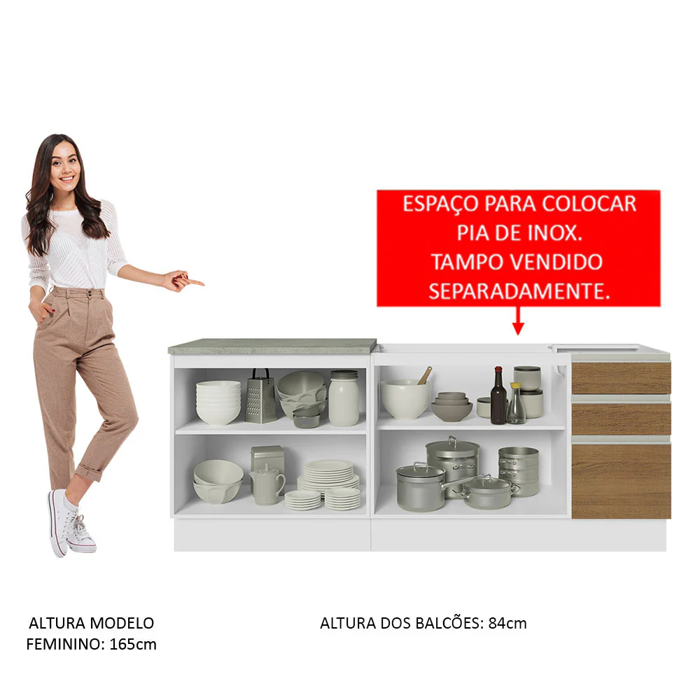 Kit com 2 Balcões de Cozinha Madesa Glamy 4 Portas 3 Gavetas (Sem Tampo e Pia) Branco/Rustic Branco/Rustic - Image 5