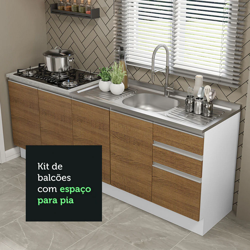 Kit com 2 Balcões de Cozinha Madesa Glamy 4 Portas 3 Gavetas (Sem Tampo e Pia) Branco/Rustic Branco/Rustic - Image 6