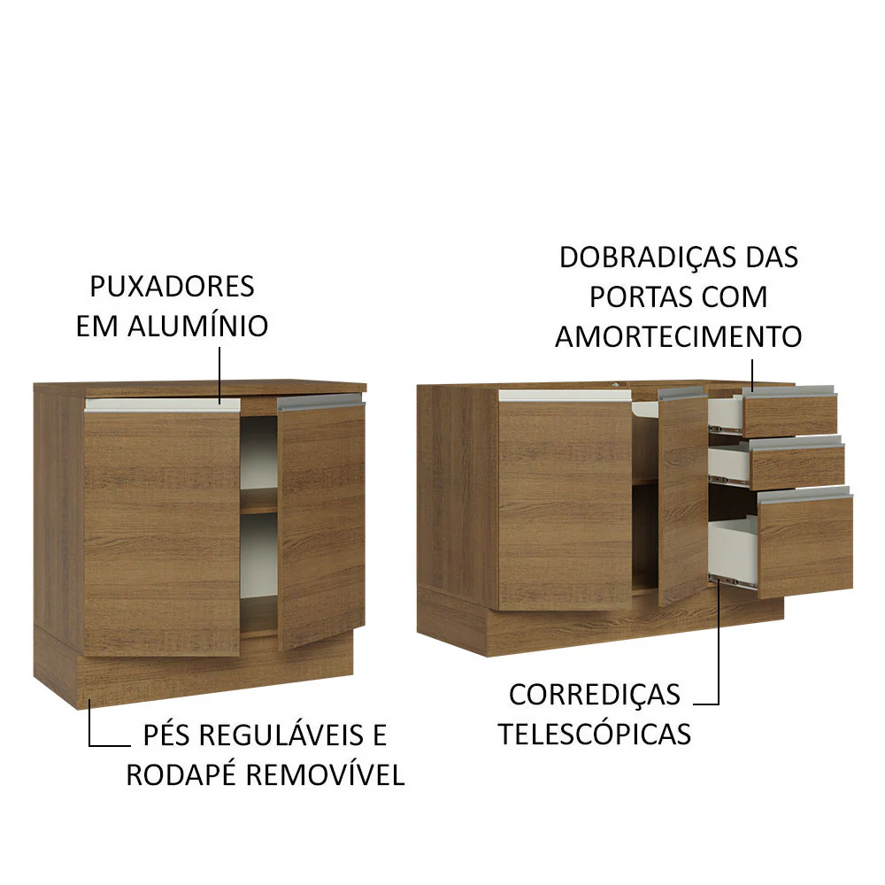 Kit com 2 Balcões de Cozinha Madesa Glamy 4 Portas 3 Gavetas (Sem Tampo e Pia) Rustic Rustic - Image 4