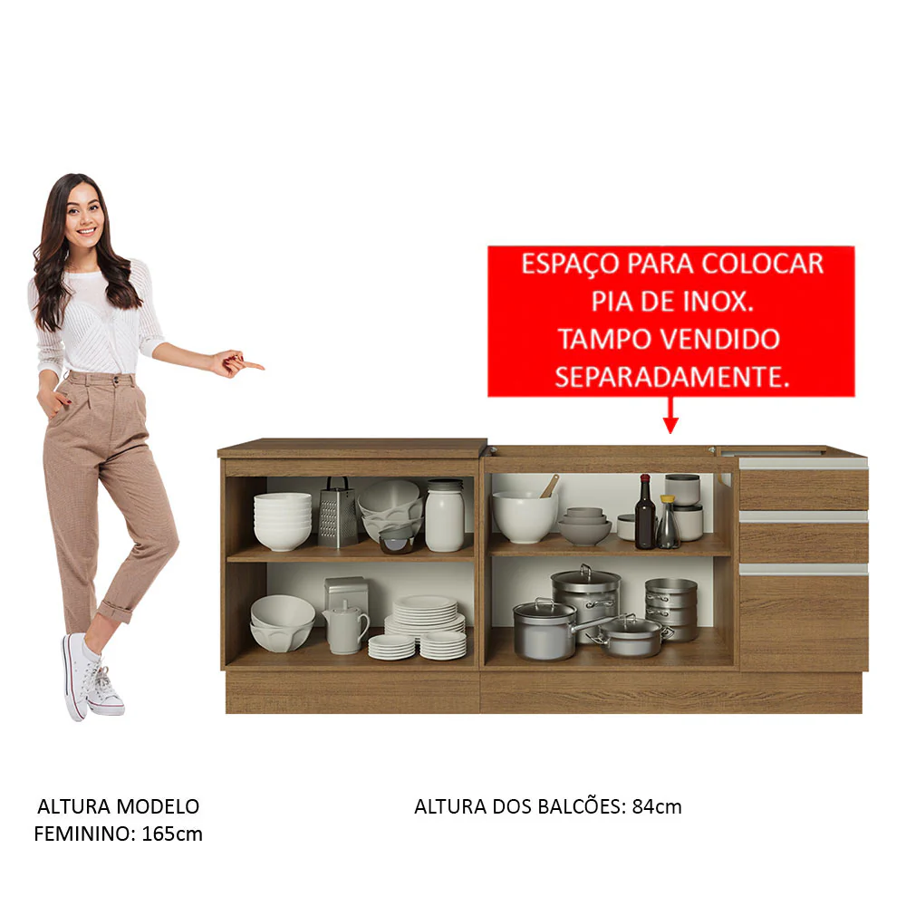 Kit com 2 Balcões de Cozinha Madesa Glamy 4 Portas 3 Gavetas (Sem Tampo e Pia) Rustic Rustic - Image 5