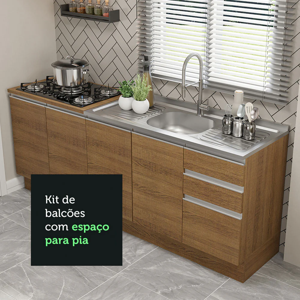 Kit com 2 Balcões de Cozinha Madesa Glamy 4 Portas 3 Gavetas (Sem Tampo e Pia) Rustic Rustic - Image 6