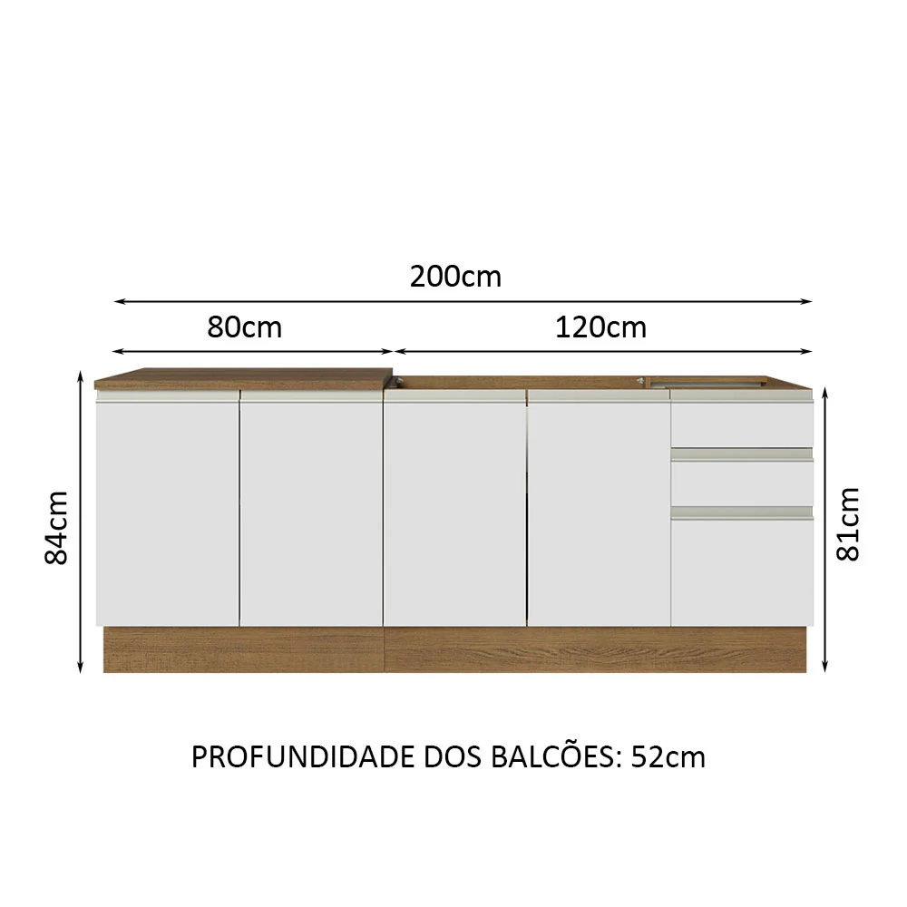Kit com 2 Balcões de Cozinha Madesa Glamy 4 Portas 3 Gavetas (Sem Tampo e Pia) Rustic/Branco Rustic/Branco - Image 3