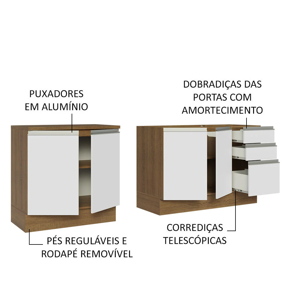 Kit com 2 Balcões de Cozinha Madesa Glamy 4 Portas 3 Gavetas (Sem Tampo e Pia) Rustic/Branco Rustic/Branco - Image 4