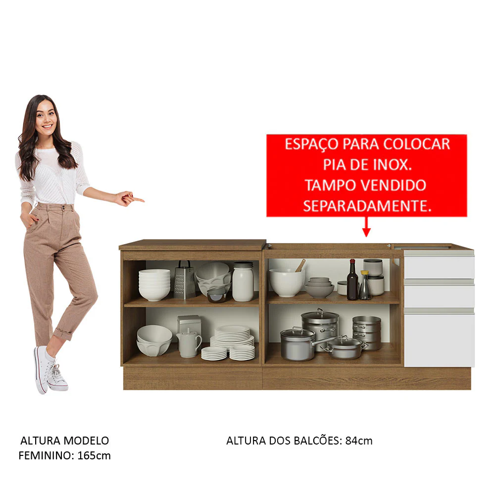 Kit com 2 Balcões de Cozinha Madesa Glamy 4 Portas 3 Gavetas (Sem Tampo e Pia) Rustic/Branco Rustic/Branco - Image 5