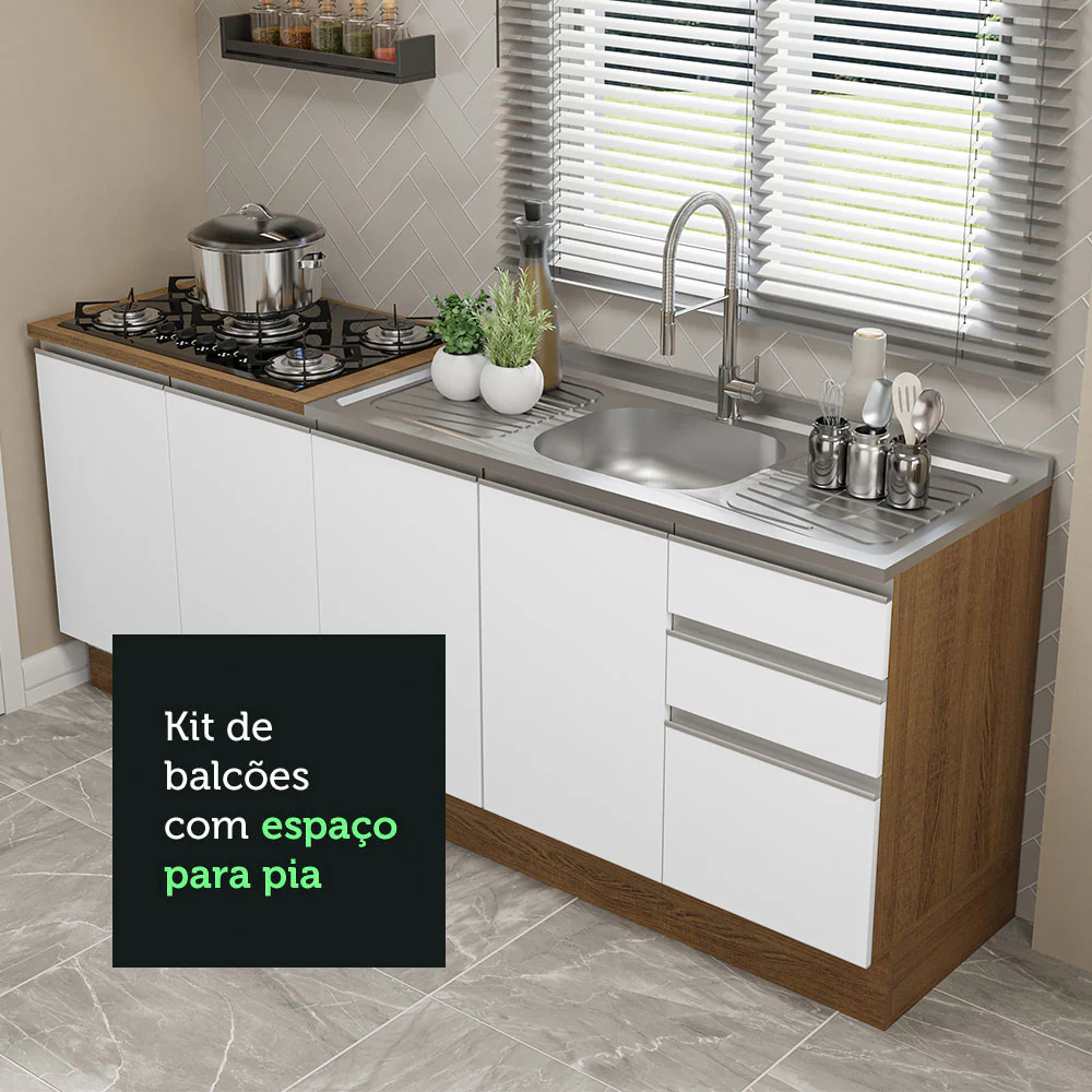 Kit com 2 Balcões de Cozinha Madesa Glamy 4 Portas 3 Gavetas (Sem Tampo e Pia) Rustic/Branco Rustic/Branco - Image 6