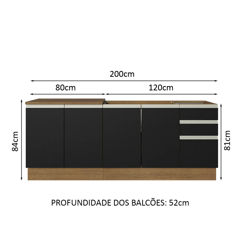 Kit com 2 Balcões de Cozinha Madesa Glamy 4 Portas 3 Gavetas (Sem Tampo e Pia) Rustic/Preto - Image 3