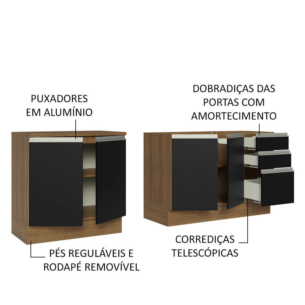 Kit com 2 Balcões de Cozinha Madesa Glamy 4 Portas 3 Gavetas (Sem Tampo e Pia) Rustic/Preto - Image 4