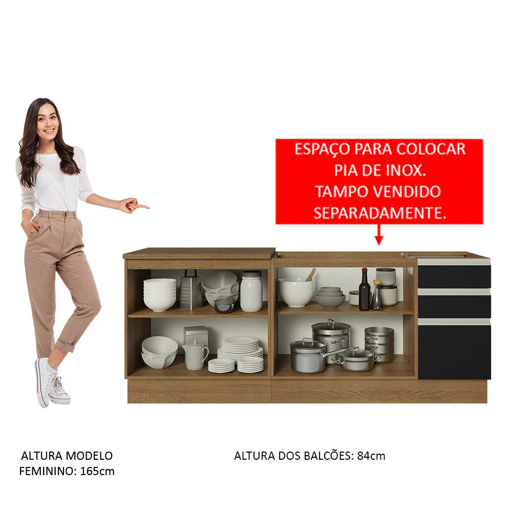 Kit com 2 Balcões de Cozinha Madesa Glamy 4 Portas 3 Gavetas (Sem Tampo e Pia) Rustic/Preto - Image 5