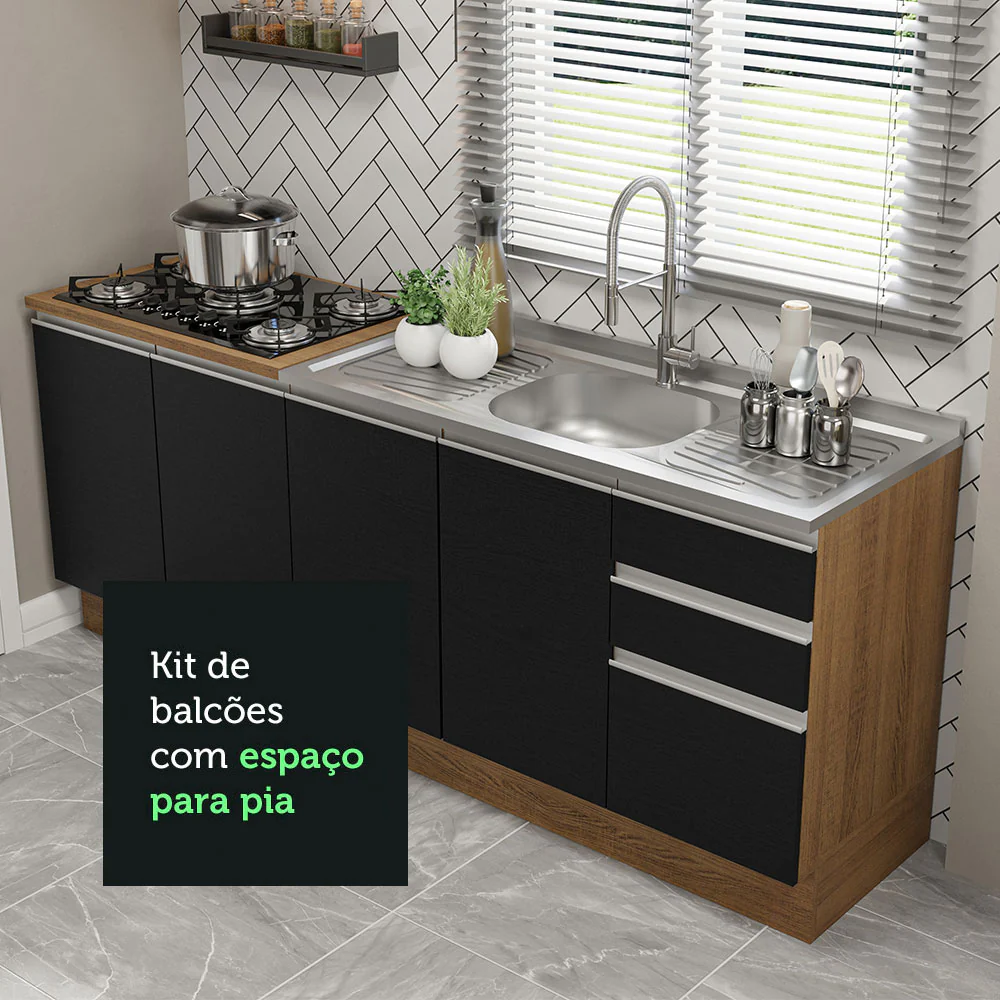 Kit com 2 Balcões de Cozinha Madesa Glamy 4 Portas 3 Gavetas (Sem Tampo e Pia) Rustic/Preto - Image 6