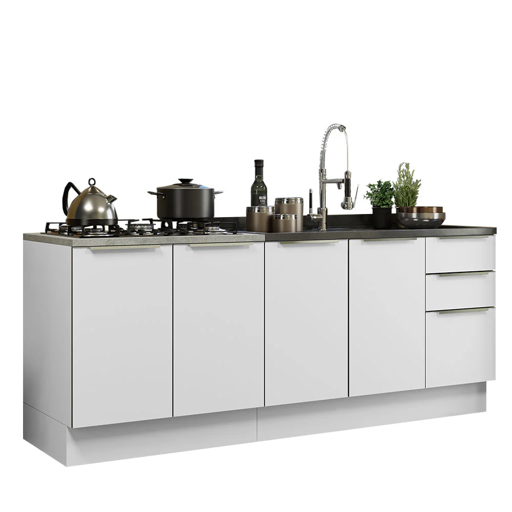 Kit com 2 Balcões de Cozinha 4 Portas 3 Gavetas 200 x 60 cm (Sem Tampo e Pia) Branco/Branco Veludo Lux Madesa - Image 2