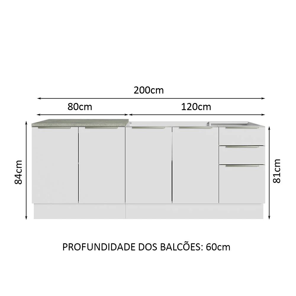 Kit com 2 Balcões de Cozinha 4 Portas 3 Gavetas 200 x 60 cm (Sem Tampo e Pia) Branco/Branco Veludo Lux Madesa - Image 3