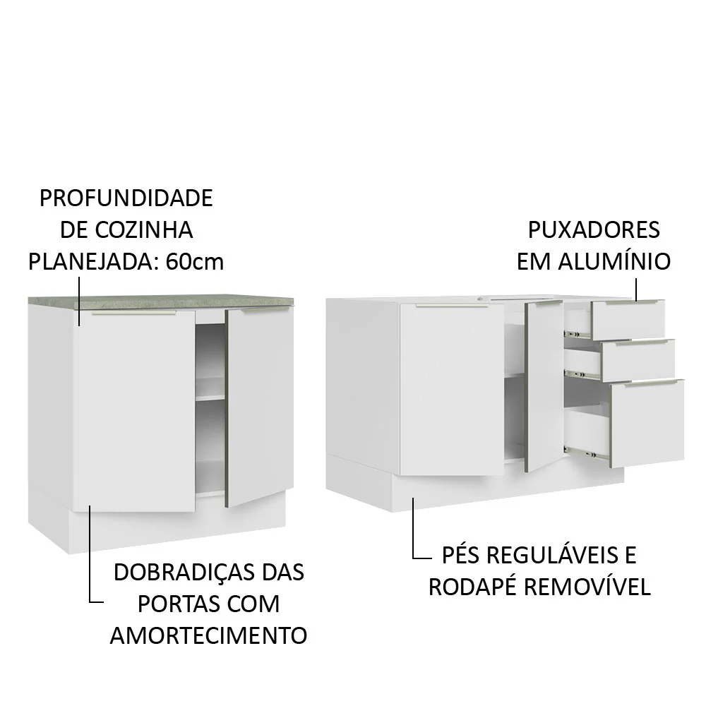 Kit com 2 Balcões de Cozinha 4 Portas 3 Gavetas 200 x 60 cm (Sem Tampo e Pia) Branco/Branco Veludo Lux Madesa - Image 4