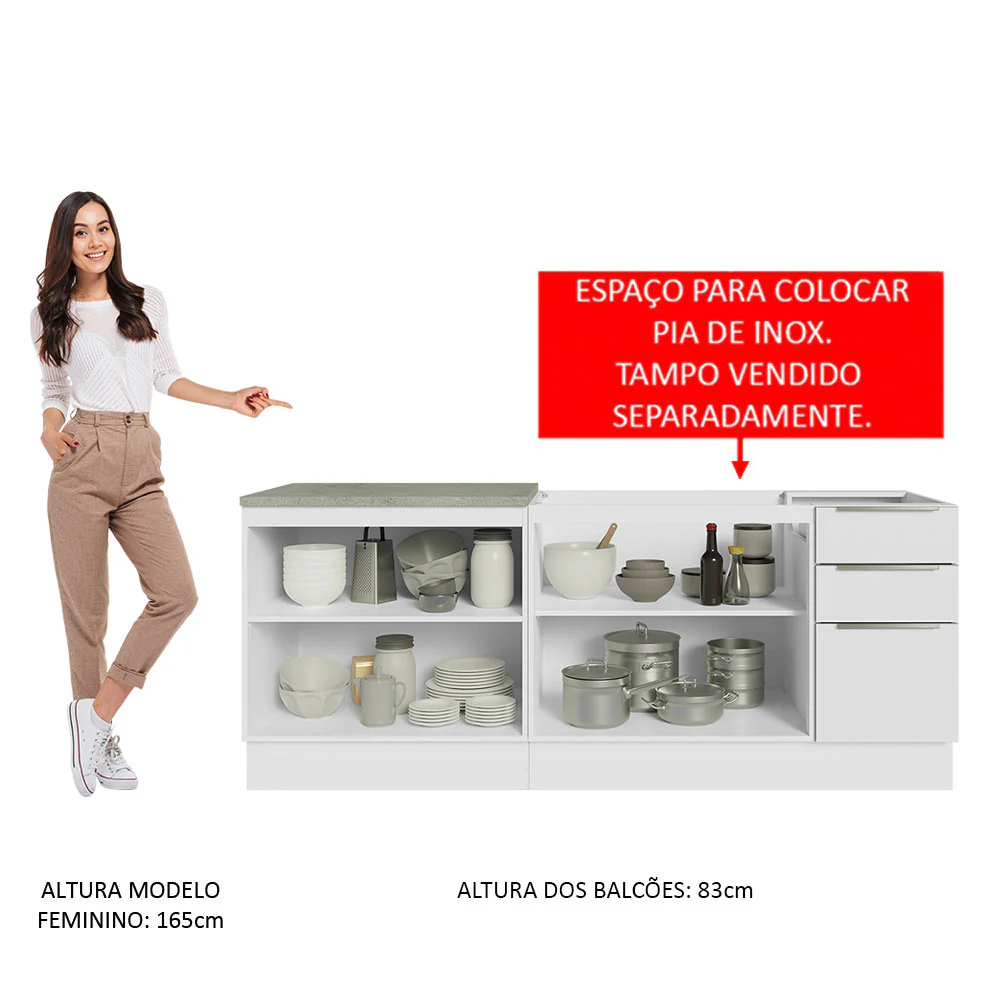 Kit com 2 Balcões de Cozinha 4 Portas 3 Gavetas 200 x 60 cm (Sem Tampo e Pia) Branco/Branco Veludo Lux Madesa - Image 5