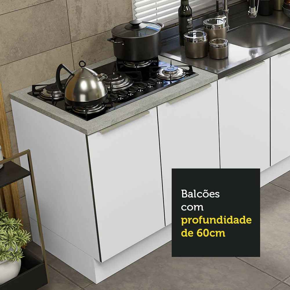 Kit com 2 Balcões de Cozinha 4 Portas 3 Gavetas 200 x 60 cm (Sem Tampo e Pia) Branco/Branco Veludo Lux Madesa - Image 6