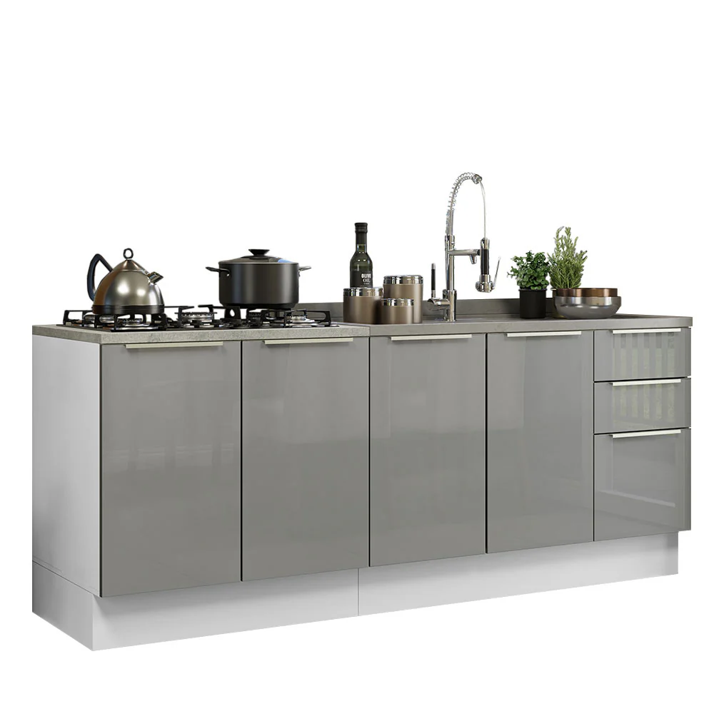 Kit com 2 Balcões de Cozinha 4 Portas 3 Gavetas 200 x 60 cm (Sem Tampo e Pia) Branco/Cinza Lux Madesa - Image 2