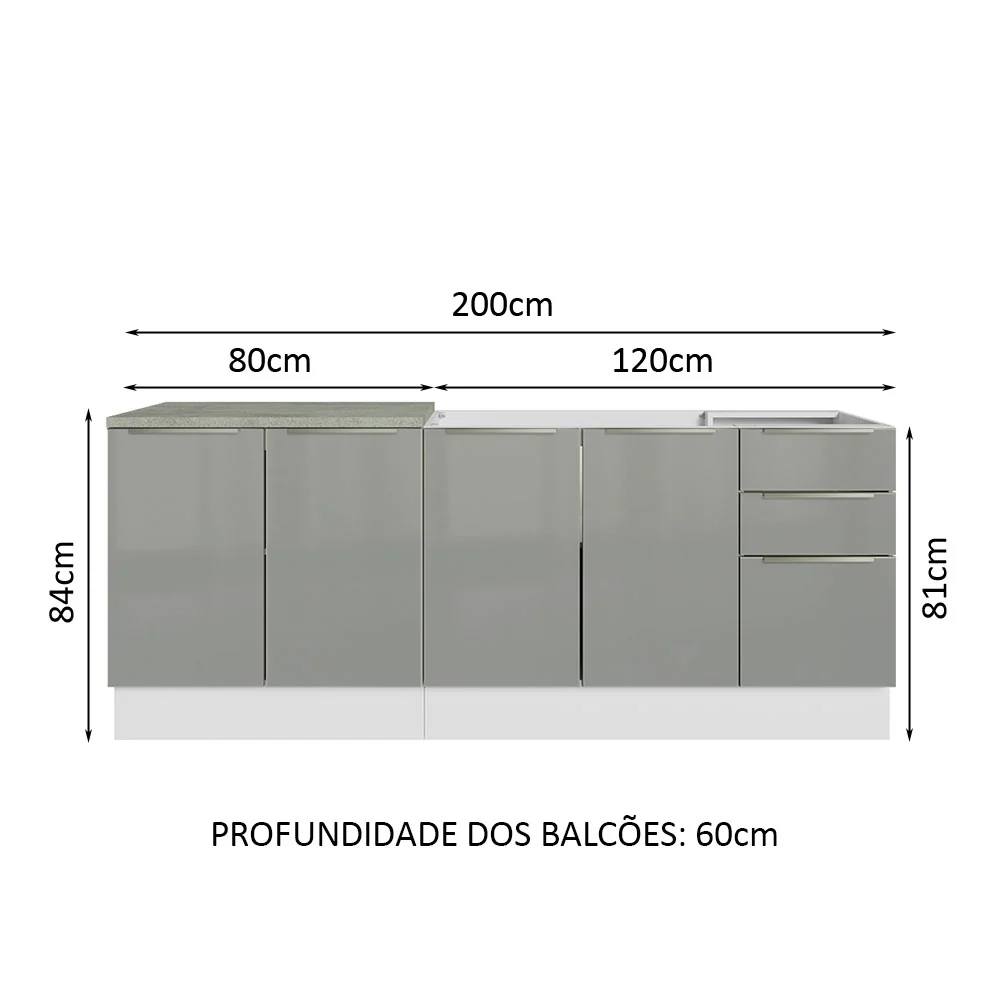 Kit com 2 Balcões de Cozinha 4 Portas 3 Gavetas 200 x 60 cm (Sem Tampo e Pia) Branco/Cinza Lux Madesa - Image 3