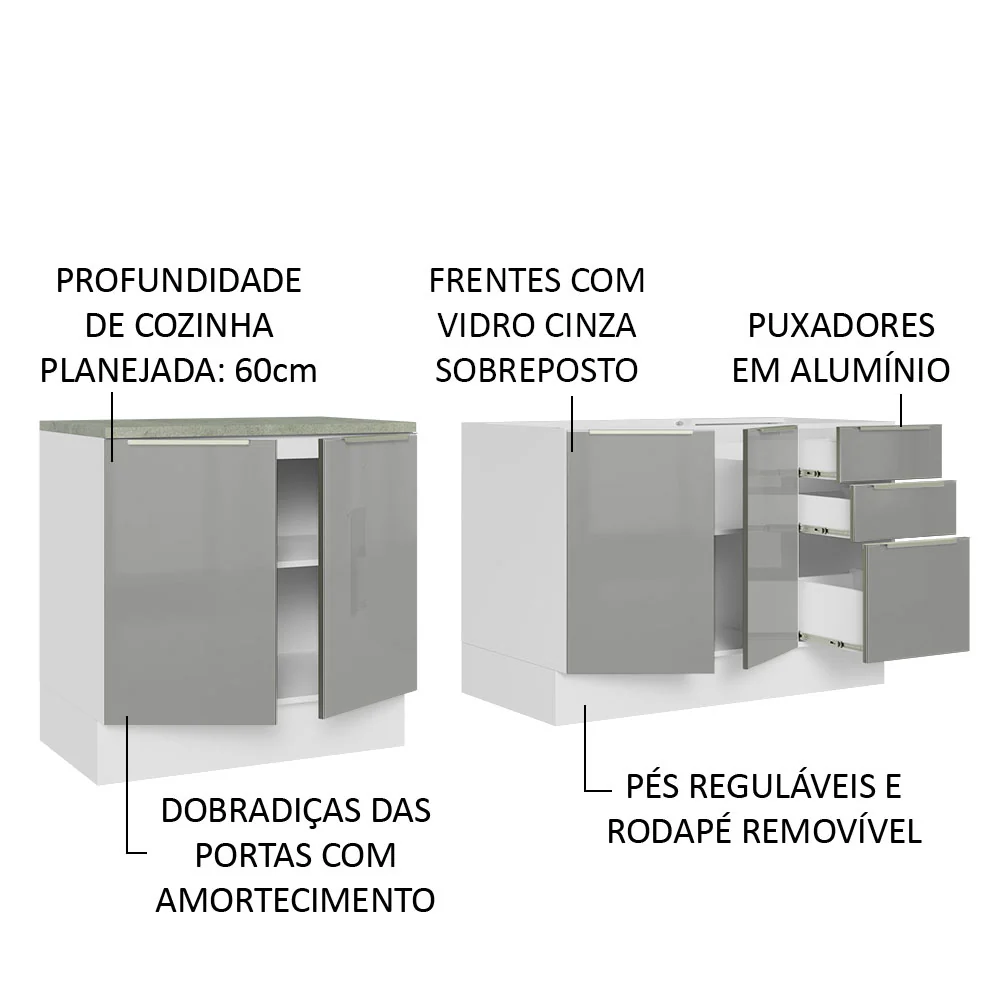 Kit com 2 Balcões de Cozinha 4 Portas 3 Gavetas 200 x 60 cm (Sem Tampo e Pia) Branco/Cinza Lux Madesa - Image 4