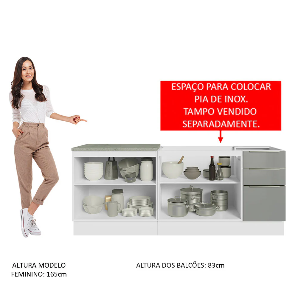 Kit com 2 Balcões de Cozinha 4 Portas 3 Gavetas 200 x 60 cm (Sem Tampo e Pia) Branco/Cinza Lux Madesa - Image 5