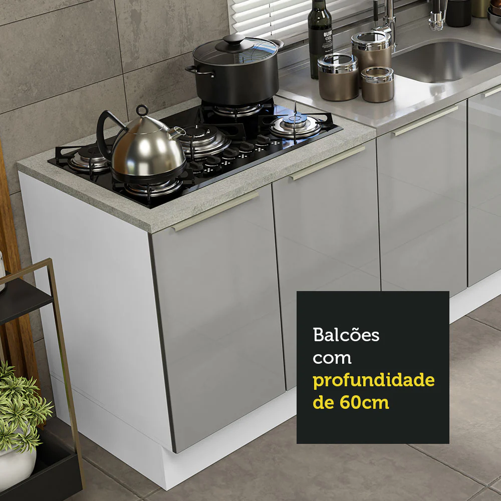 Kit com 2 Balcões de Cozinha 4 Portas 3 Gavetas 200 x 60 cm (Sem Tampo e Pia) Branco/Cinza Lux Madesa - Image 6