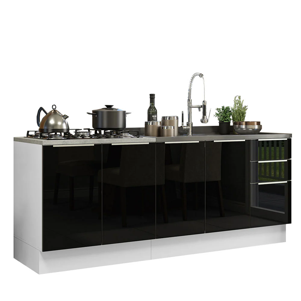 Kit com 2 Balcões de Cozinha 4 Portas 3 Gavetas 200 x 60 cm (Sem Tampo e Pia) Branco/Preto Lux Madesa - Image 2