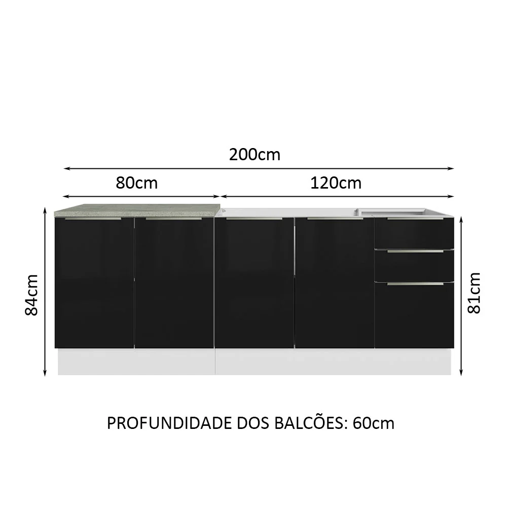 Kit com 2 Balcões de Cozinha 4 Portas 3 Gavetas 200 x 60 cm (Sem Tampo e Pia) Branco/Preto Lux Madesa - Image 3