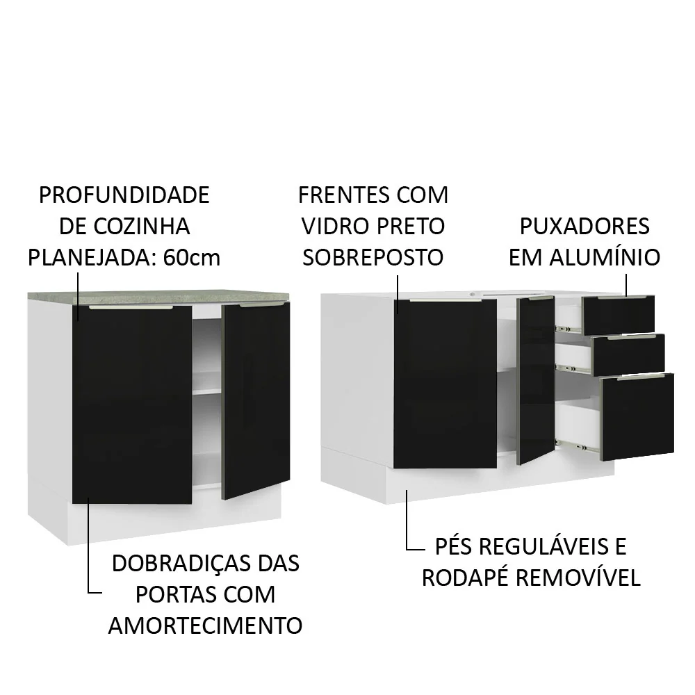 Kit com 2 Balcões de Cozinha 4 Portas 3 Gavetas 200 x 60 cm (Sem Tampo e Pia) Branco/Preto Lux Madesa - Image 4