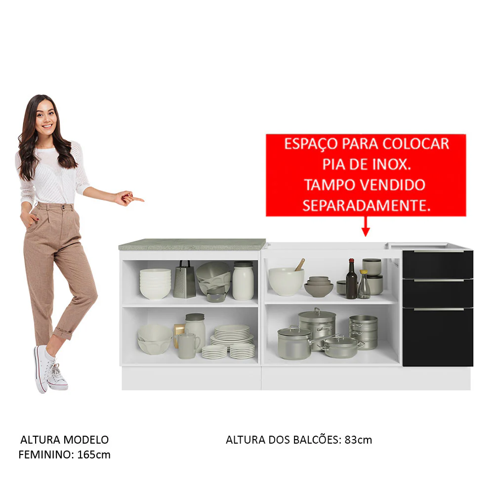 Kit com 2 Balcões de Cozinha 4 Portas 3 Gavetas 200 x 60 cm (Sem Tampo e Pia) Branco/Preto Lux Madesa - Image 5