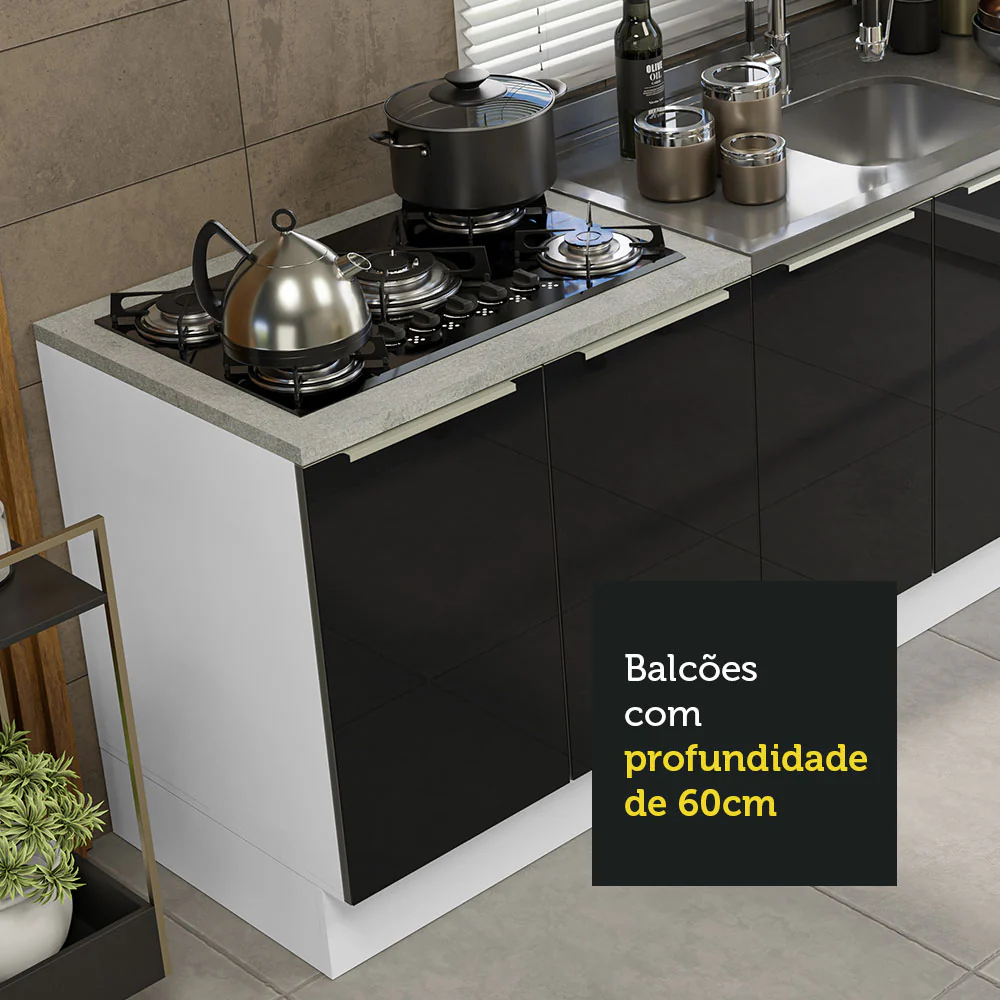 Kit com 2 Balcões de Cozinha 4 Portas 3 Gavetas 200 x 60 cm (Sem Tampo e Pia) Branco/Preto Lux Madesa - Image 6