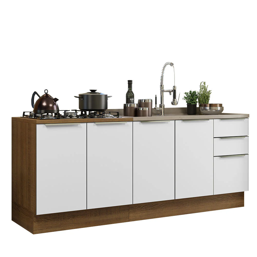 Kit com 2 Balcões de Cozinha 4 Portas 3 Gavetas 200 x 60 cm (Sem Tampo e Pia) Rustic/Branco Veludo Lux Madesa - Image 2