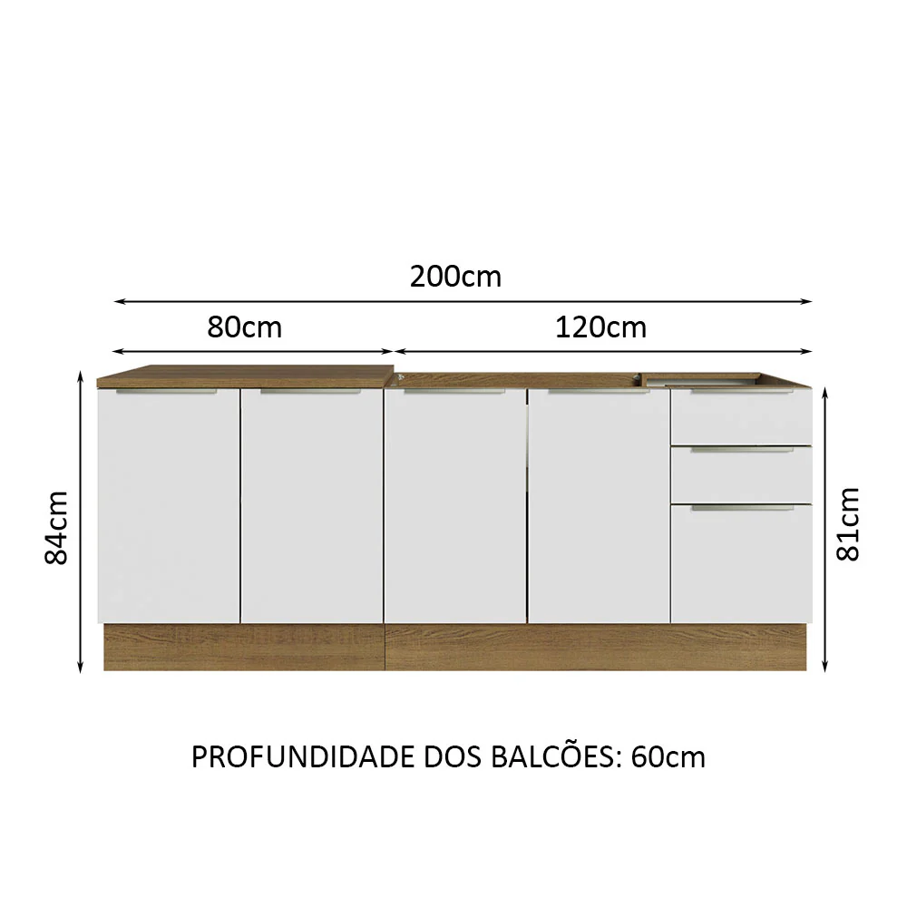 Kit com 2 Balcões de Cozinha 4 Portas 3 Gavetas 200 x 60 cm (Sem Tampo e Pia) Rustic/Branco Veludo Lux Madesa - Image 3
