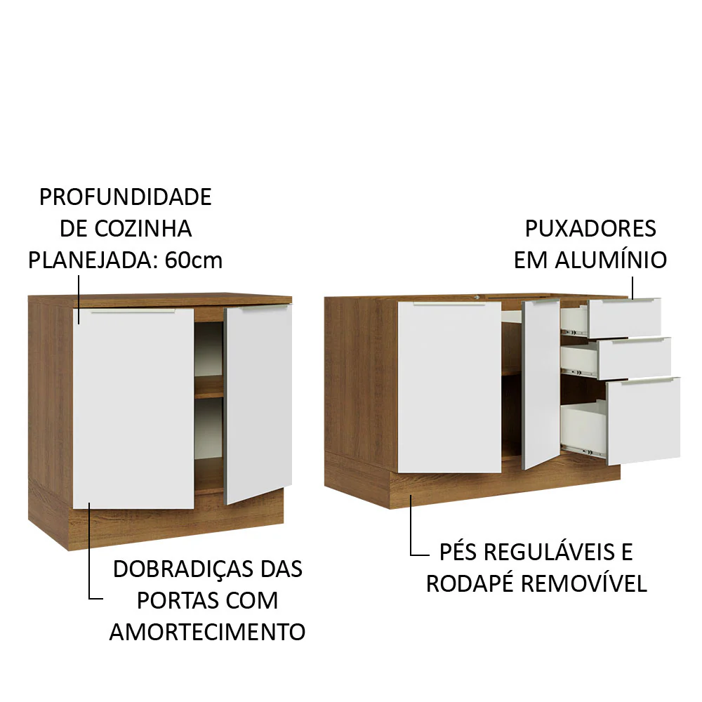 Kit com 2 Balcões de Cozinha 4 Portas 3 Gavetas 200 x 60 cm (Sem Tampo e Pia) Rustic/Branco Veludo Lux Madesa - Image 4