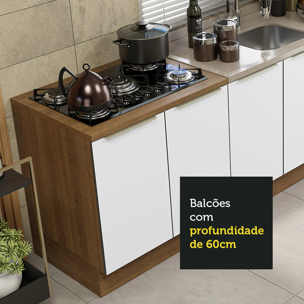 Kit com 2 Balcões de Cozinha 4 Portas 3 Gavetas 200 x 60 cm (Sem Tampo e Pia) Rustic/Branco Veludo Lux Madesa - Image 6