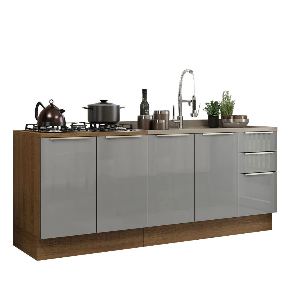 Kit com 2 Balcões de Cozinha 4 Portas 3 Gavetas 200 x 60 cm (Sem Tampo e Pia) Rustic/Cinza Lux Madesa - Image 2