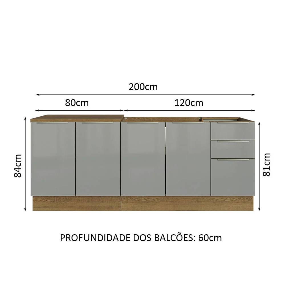 Kit com 2 Balcões de Cozinha 4 Portas 3 Gavetas 200 x 60 cm (Sem Tampo e Pia) Rustic/Cinza Lux Madesa - Image 3