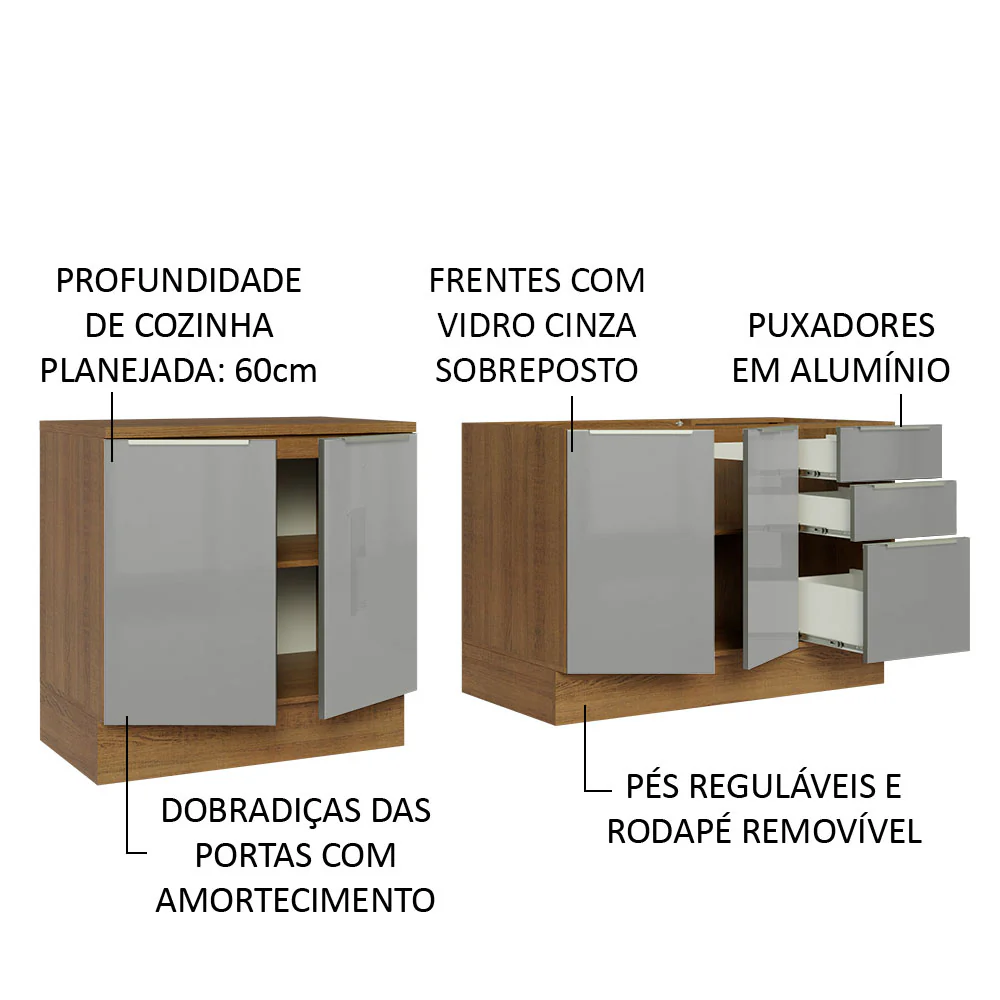 Kit com 2 Balcões de Cozinha 4 Portas 3 Gavetas 200 x 60 cm (Sem Tampo e Pia) Rustic/Cinza Lux Madesa - Image 4