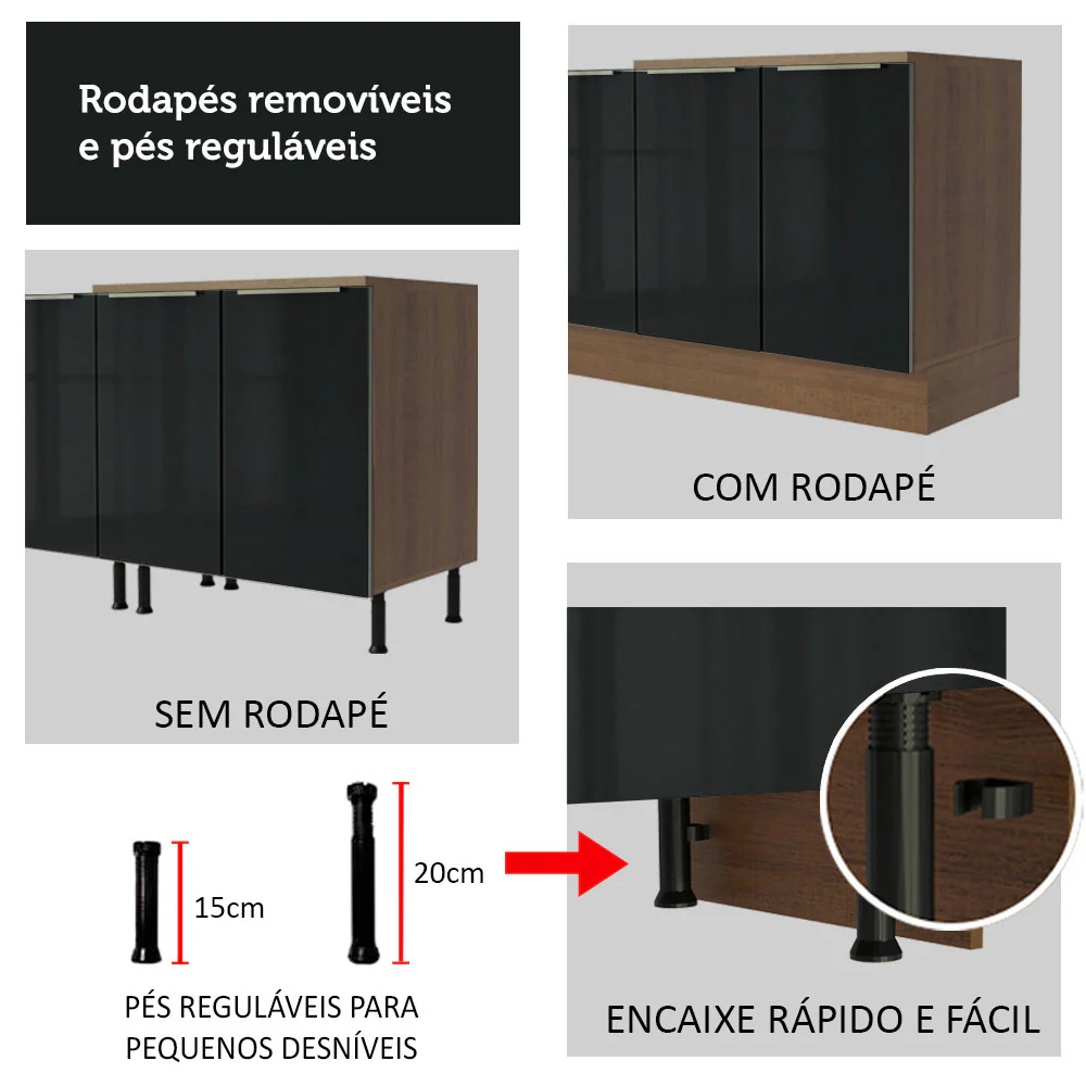 Kit com 2 Balcões de Cozinha 4 Portas 3 Gavetas 200 x 60 cm (Sem Tampo e Pia) Rustic/Preto Lux Madesa - Image 10
