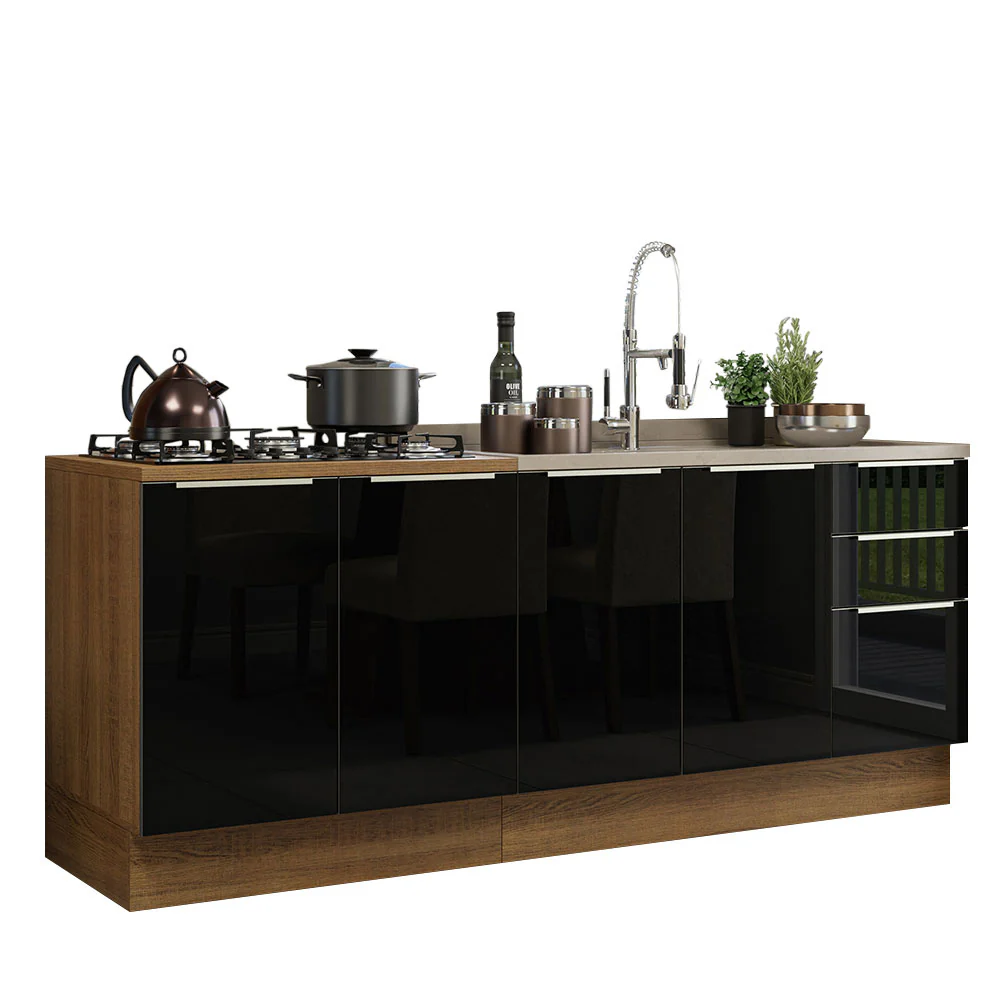 Kit com 2 Balcões de Cozinha 4 Portas 3 Gavetas 200 x 60 cm (Sem Tampo e Pia) Rustic/Preto Lux Madesa - Image 2