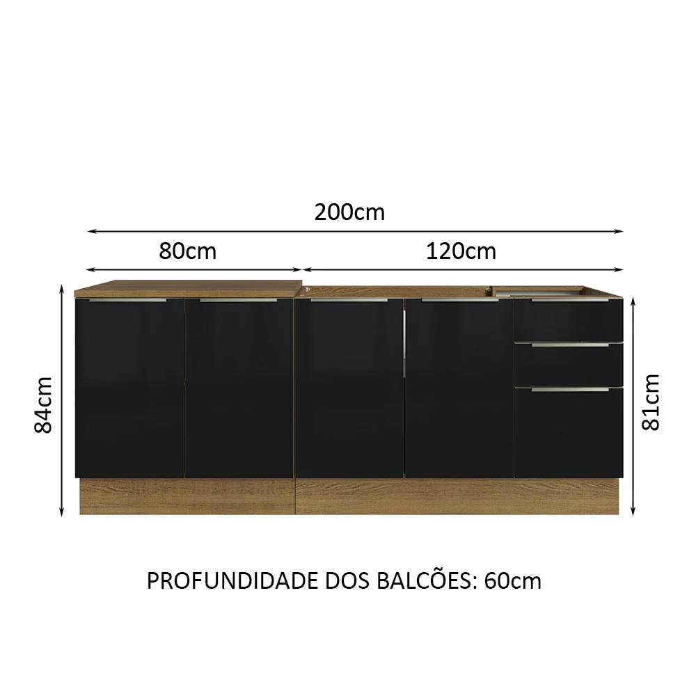 Kit com 2 Balcões de Cozinha 4 Portas 3 Gavetas 200 x 60 cm (Sem Tampo e Pia) Rustic/Preto Lux Madesa - Image 3