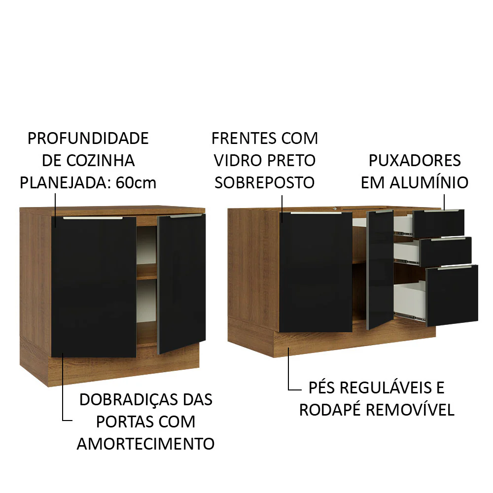 Kit com 2 Balcões de Cozinha 4 Portas 3 Gavetas 200 x 60 cm (Sem Tampo e Pia) Rustic/Preto Lux Madesa - Image 4