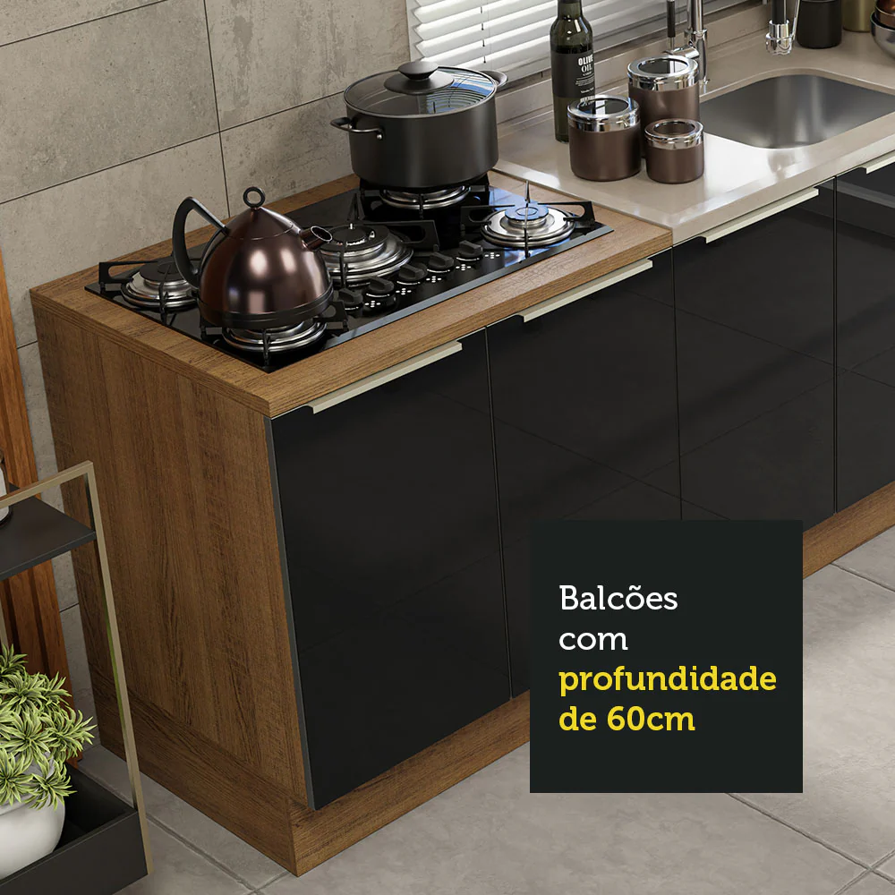Kit com 2 Balcões de Cozinha 4 Portas 3 Gavetas 200 x 60 cm (Sem Tampo e Pia) Rustic/Preto Lux Madesa - Image 7