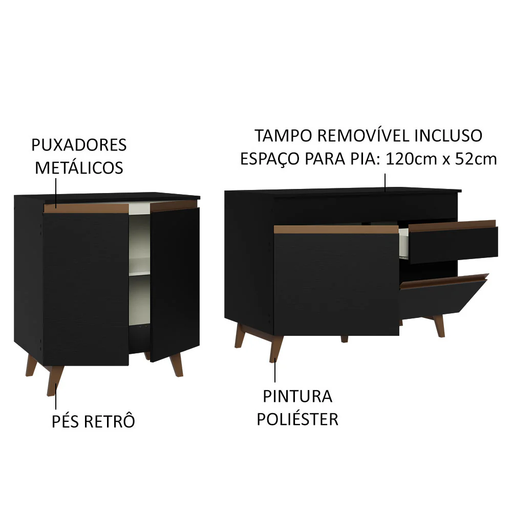 Kit com 2 Balcões de Cozinha Madesa Reims 4 Portas 1 Gaveta (Com Tampo) Preto - Image 4