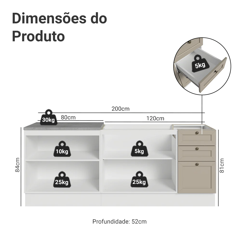 Kit com 2 Balcões de Cozinha 3 Gavetas 4 Portas (Sem Tampo e Pia) Branco/Crema Vik Madesa 01 - Image 3