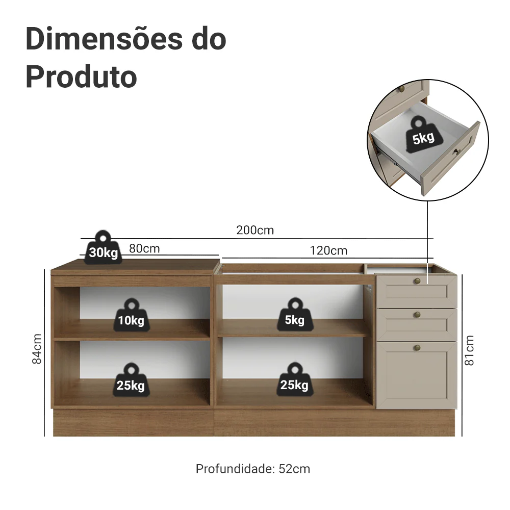 Kit com 2 Balcões de Cozinha 3 Gavetas 4 Portas (Sem Tampo e Pia) Rustic/Crema Vik Madesa 01 - Image 3
