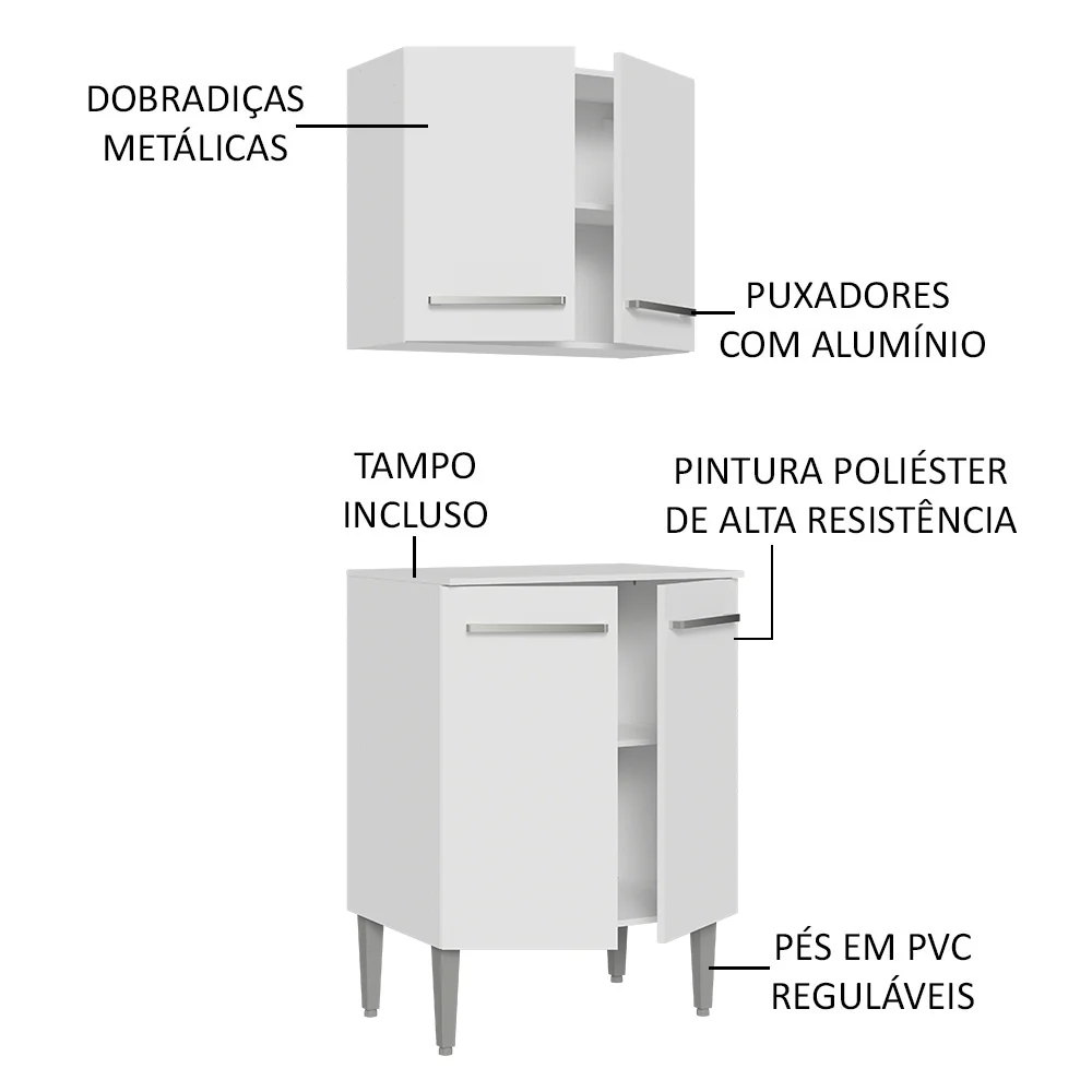 Kit com Armário Aéreo e Balcão 64cm Branco Emilly Madesa - Image 3