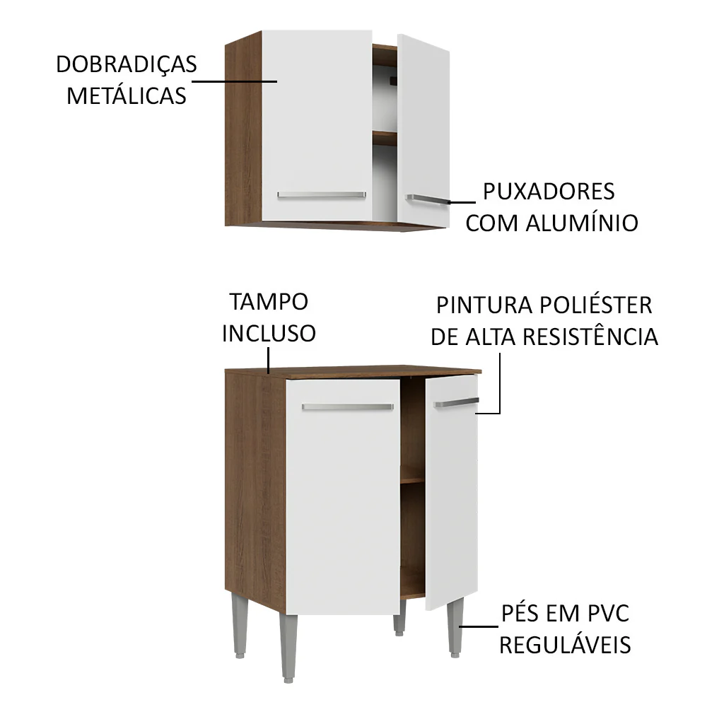 Kit com Armário Aéreo e Balcão 64cm Rustic/Branco Emilly Madesa - Image 3