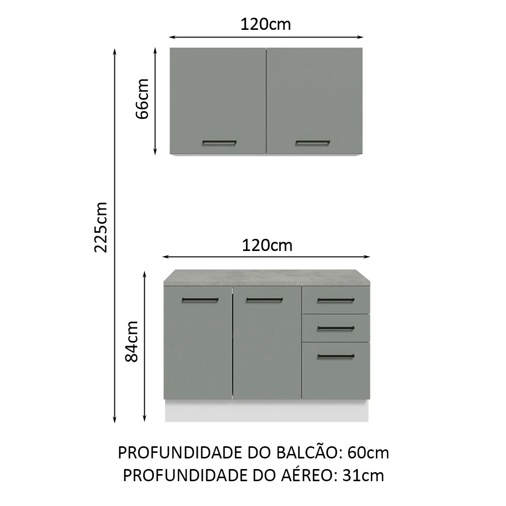 Kit com Balcão e Armário Aéreo Multiuso 120cm Branco/Cinza Agata Madesa - Image 3