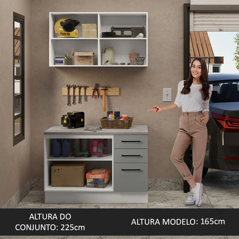 Kit com Balcão e Armário Aéreo Multiuso 120cm Branco/Cinza Agata Madesa - Image 4