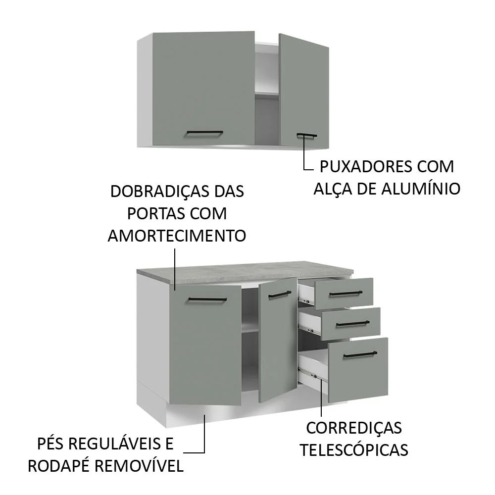 Kit com Balcão e Armário Aéreo Multiuso 120cm Branco/Cinza Agata Madesa - Image 5