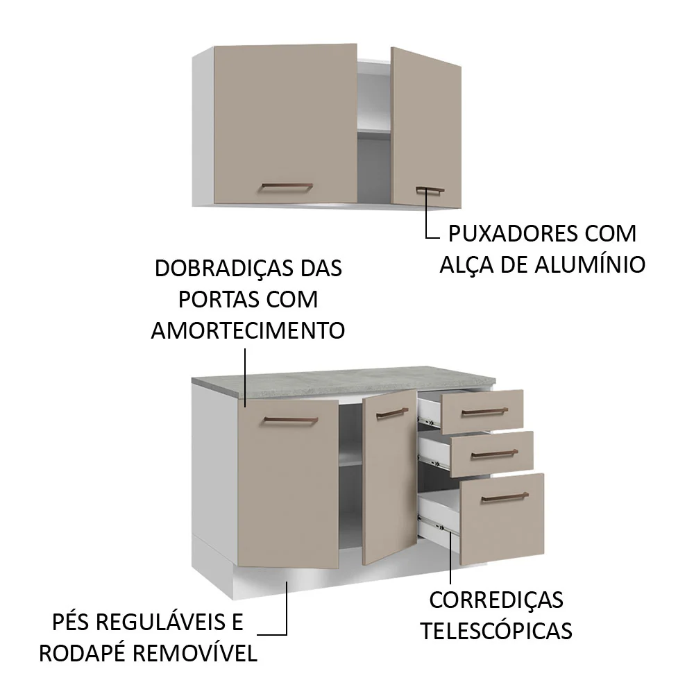 Kit com Balcão e Armário Aéreo Multiuso 120cm Branco/Crema Agata Madesa - Image 5